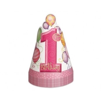 8 Adet First Birthday Balloons Pink Külah Şapka